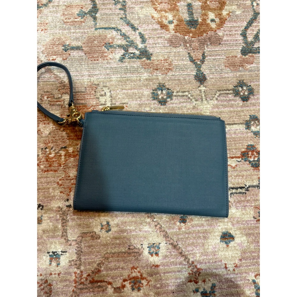 Dagne Dover Essentials Double Zip Wristlet Clutch Slate Blue Gold Hardware Pouch